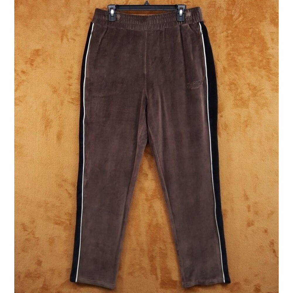 STARTER Track Pants Mens Large Brown Velour Black Stripe Zip Pocket